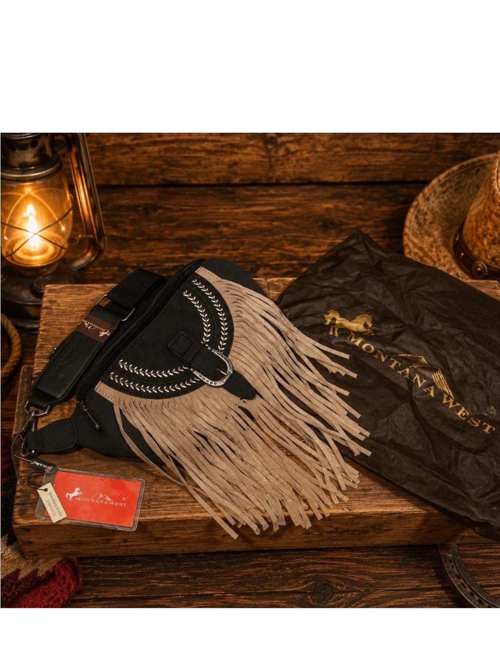 Montana West Black Suede Crossbody Bag with Tan Fringe